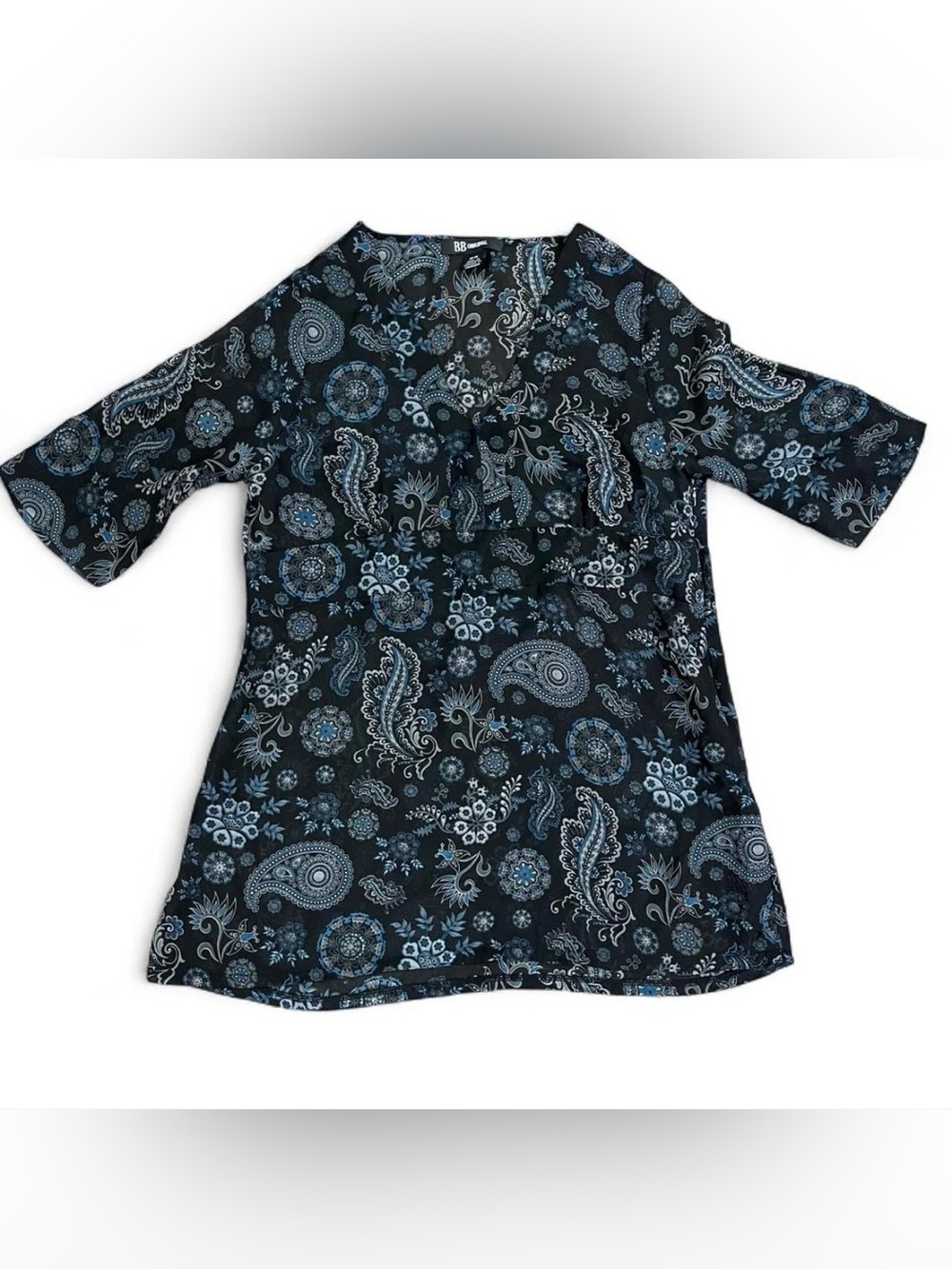 BB Original Black Babydoll Top with Blue Paisley Print